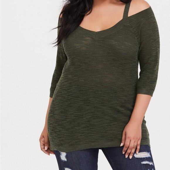 Torrid Slub Pullover Tunic V-Neck Cold Shoulder Sweater Fall 2x NWT NEW olive - Picture 1 of 11